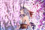  1girl bare_shoulders cherry_blossoms day detached_sleeves essual_(layer_world) fate/grand_order fate_(series) headband horns japanese_clothes long_hair looking_up petals red_eyes silver_hair smile solo tomoe_gozen_(fate/grand_order) tree 
