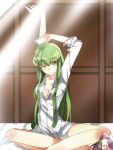  1girl breasts c.c. cleavage code_geass green_hair long_hair mask mask_removed meimi_k sitting solo stretched_limb yellow_eyes 