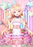  1girl absurdly_long_hair blonde_hair blush brown_eyes eyebrows_visible_through_hair flower futaba_anzu hair_flower hair_ornament idolmaster idolmaster_cinderella_girls long_hair looking_at_viewer o_yat open_mouth smile solo twintails very_long_hair 