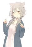  1girl animal_ears bangs blush brown_eyes cardigan cat_ears closed_mouth grey_hair hands_up index_finger_raised long_hair looking_at_viewer low_twintails lpip open_cardigan open_clothes original shirt simple_background smile solo tsurime twintails upper_body white_background white_shirt 
