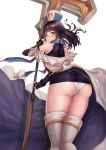  1girl :t ass bangs bare_shoulders black_hair blunt_bangs blush boots brown_eyes closed_mouth cowboy_shot detached_sleeves dungeon_and_fighter etidekailo female_priest_(dungeon_and_fighter) from_behind hat holding holding_staff long_hair long_sleeves looking_at_viewer looking_back panties solo staff thigh-highs thigh_boots undershirt underwear white_panties 