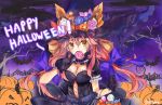  1girl animal_ears bat breasts candy cleavage ears_through_headwear fang fate/extra fate/grand_order fate_(series) food fox_ears gloves halloween halloween_costume happy_halloween hat highres jack-o&#039;-lantern large_breasts lollipop nattsume_(pantsuhead) open_mouth pink_hair pumpkin solo tamamo_(fate)_(all) tamamo_no_mae_(fate) witch witch_hat yellow_eyes 
