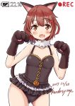  1girl alternate_costume animal_ears black_leotard brown_eyes brown_hair cat_ears cat_tail cowboy_shot dated fang frilled_leotard frills gloves hair_ornament hairclip highres ikazuchi_(kantai_collection) jack-o&#039;-lantern kaede_shiroppu kantai_collection leotard looking_at_viewer paw_gloves paw_pose paws recording short_hair simple_background solo tail twitter_username white_background 