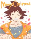  1boy black_hair closed_eyes confetti dougi dragon_ball dragonball_z happy highres male_focus merry_christmas miiko_(drops7) outstretched_hand simple_background smile solo_focus son_gokuu spiky_hair white_background 