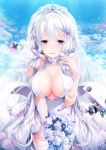  1girl aircraft airplane azur_lane bangs bare_shoulders blue_eyes blue_sky blush bouquet breasts bridal_veil choker cleavage clouds collarbone commentary_request dress elbow_gloves flower garana garter_straps gloves hair_flower hair_ornament highres illustrious_(azur_lane) large_breasts long_hair looking_at_viewer low_twintails mole mole_under_eye open_mouth petals rigging rose sky smile solo thigh-highs tiara twintails veil white_dress white_gloves white_hair white_legwear white_rose 