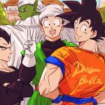  4boys :d back_turned black_eyes black_hair black_shirt cape copyright_name crossed_arms dougi dragon_ball dragonball_z father_and_son gloves green_skin hand_on_hip happy looking_at_viewer looking_away looking_back male_focus miiko_(drops7) multiple_boys open_mouth piccolo pointy_ears serious shirt smile son_gohan son_gokuu turban twitter_username v vegeta wristband 