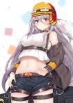  1girl bag bangs belt blush braid breasts brown_eyes brown_jacket choker closed_mouth coffeedog cowboy_shot eyebrows_visible_through_hair girls_frontline grey_hair hair_between_eyes helmet highres jacket large_breasts long_hair looking_at_viewer m60_(girls_frontline) midriff motorcycle_helmet navel open_clothes open_jacket pursed_lips shorts solo tank_top thigh_strap tsurime very_long_hair 