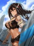  1girl azur_lane bare_shoulders black_hair blush braid breasts brown_eyes cleavage crop_top dark_skin edobox hair_ornament jewelry large_breasts long_hair looking_at_viewer necklace short_shorts short_sleeves shorts solo south_dakota_(azur_lane) 