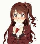  1girl bangs blazer blush bow brown_eyes brown_hair closed_mouth eyes_visible_through_hair hair_bow hair_intakes highres holding_letter idolmaster idolmaster_cinderella_girls idolmaster_cinderella_girls_starlight_stage jacket letter long_hair looking_at_viewer love_letter love_letter_(idolmaster) nervous nose_blush plaid plaid_bow school_uniform shimamura_uzuki side_ponytail solo upper_body vivid_(key) white_background 