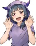  &gt;:d 1girl :d bangs blue_hair claw_pose eyebrows_visible_through_hair hair_ornament hair_scrunchie hood hooded_pajamas horns keita_(kta0) looking_at_viewer love_live! love_live!_sunshine!! low_ponytail open_mouth pajamas purple_pajamas purple_scrunchie red_eyes scrunchie simple_background smile solo tsushima_yoshiko upper_body white_background 