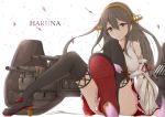  1girl bare_shoulders black_hair boots breasts camouflage character_name dazzle_paint detached_sleeves gluteal_fold hair_ornament hairband hairclip haruna_(kantai_collection) hoshimiya_mashiro kantai_collection large_breasts long_hair looking_at_viewer nontraditional_miko petals red_skirt remodel_(kantai_collection) sitting skirt smile solo thigh-highs thigh_boots 