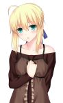  1girl absurdres ahoge alternate_costume arm_behind_back artoria_pendragon_(all) blonde_hair blush breasts commentary_request cowboy_shot eyebrows_visible_through_hair fate/hollow_ataraxia fate/stay_night fate_(series) green_eyes hair_between_eyes highres long_sleeves looking_at_viewer off_shoulder reimei_(seiga) saber simple_background solo white_background 