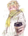  1boy absurdres animal_ears arknights bishounen blonde_hair coffee_cup cup disposable_cup dog_boy dog_ears eyewear_on_head green_scarf highres holding holding_cup male_focus scarf short_hair simple_background solo tequila_(arknights) tinted_eyewear upper_body white_background xinjinjumin6756387 