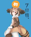  1girl blue_background blush brown_coat brown_eyes brown_hair buttons clothes_grab coat cowboy_shot eurasian_eagle_owl_(kemono_friends) eyebrows_visible_through_hair from_side fur_collar gloves hair_between_eyes head_wings highres japari_symbol kemono_friends long_sleeves looking_at_viewer looking_to_the_side multicolored_hair pantyhose short_hair smile solo tail_feathers temari_suzu white_gloves white_hair white_legwear 