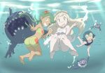  3girls :d ;) ass bare_arms bare_legs barefoot bikini bikini_shorts blonde_hair blue_hair blush brionne feet freediving full_body green_eyes green_hair grin hair_ornament hand_holding highres interlocked_fingers knees_up lillie_(pokemon) long_hair looking_at_viewer mallow_(pokemon) multiple_girls nomura_(buroriidesu) ocean one-piece_swimsuit one_eye_closed open_mouth pale_skin pokemon pokemon_(anime) pokemon_(creature) pokemon_sm_(anime) popplio revision shorts smile soles staryu suiren_(pokemon) swimming swimsuit toes trial_captain twintails underwater v wishiwashi 