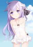  1girl adapted_costume ahoge alternate_costume arms_behind_back azur_lane blue_sky clouds cloudy_sky collarbone commentary_request covered_navel hair_ribbon highres looking_at_viewer parted_lips purple_hair ribbon satsukinapo sky solo swimsuit unicorn_(azur_lane) violet_eyes white_swimsuit 