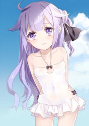  1girl adapted_costume ahoge alternate_costume arms_behind_back azur_lane blue_sky clouds cloudy_sky collarbone commentary_request covered_navel hair_ribbon highres looking_at_viewer parted_lips purple_hair ribbon satsukinapo sky solo swimsuit unicorn_(azur_lane) violet_eyes white_swimsuit 