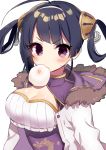  1girl ahoge azur_lane bangs baozi black_hair blush breasts closed_mouth eyebrows_visible_through_hair food food_in_mouth fur_trim hair_rings large_breasts looking_at_viewer manio mouth_hold ning_hai_(azur_lane) revision sidelocks simple_background solo sweatdrop tsurime upper_body violet_eyes white_background 