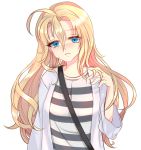  1girl ahoge blonde_hair blue_eyes blush closed_mouth eyebrows_visible_through_hair frown long_hair looking_at_viewer o_yat rachel_gardner satsuriku_no_tenshi shirt solo striped striped_shirt 