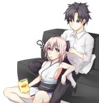  1boy 1girl ? absurdres bare_shoulders black_hair blue_eyes breasts chips fate/grand_order fate_(series) food fujimaru_ritsuka_(male) highres lay&#039;s pink_hair sakura_saber sideboob sitting tetsu_(excalibur920) 