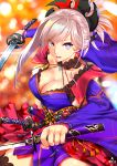  1girl blue_eyes breasts collarbone dual_wielding earrings erect_nipples fate/grand_order fate_(series) fighting_stance floral_print hair_ornament highres infinote japanese_clothes jewelry katana kimono large_breasts leaf_print long_sleeves looking_at_viewer magatama maple_leaf_print miyamoto_musashi_(fate/grand_order) open_mouth ponytail sheath sheathed silver_hair solo sword thigh-highs unsheathed weapon 