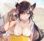  1girl animal_ears artist_request atago_(azur_lane) azur_lane ball bangs bare_shoulders beach beach_umbrella beachball breasts brown_eyes brown_hair choker cleavage collarbone commentary eyebrows_visible_through_hair flower hair_flower hair_ornament highres kneeling large_breasts long_hair looking_at_viewer mole mole_under_eye outdoors smile solo swimsuit umbrella water white_swimsuit 