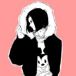  1boy android_17 black_hair disney dragon_ball dragonball_z expressionless hood hood_up hooded_jacket jacket looking_at_viewer male_focus mickey_mouse miiko_(drops7) monochrome pink_background shirt short_hair simple_background solo_focus white_shirt 