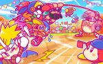  1boy bandanna banner baseball_cap bio_spark birdon_(kirby) capsule_j2 cheering dragging flying_sweatdrops gim_(kirby) hachimaki hat headband jumping kirby kirby_(series) knuckle_joe mecha mini_flag nejiri_hachimaki nintendo official_art one_eye_closed plasma_wisp pom_poms robobot_armor robot rock rocky_(kirby) smirror sweatdrop tac_(kirby) tug_of_war waddle_dee wheelie_(kirby) wizard_hat 