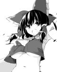  1girl arm_up ascot bangs blush bow breasts detached_sleeves greyscale hair_bow hair_tubes hakurei_reimu kamukamu_(ars) large_breasts monochrome navel no_bra open_mouth sidelocks simple_background solo touhou under_boob upper_body white_background 