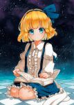  1girl alice_margatroid alice_margatroid_(pc-98) bangs blonde_hair blue_bow blue_eyes blue_skirt book bow buttons checkered checkered_floor collared_shirt eyebrows_visible_through_hair frills hair_bow juliet_sleeves long_sleeves looking_at_viewer puffy_sleeves qqqrinkappp sample seiza shirt short_hair sitting skirt solo suspender_skirt suspenders touhou touhou_(pc-98) traditional_media white_shirt 