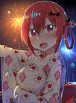  1girl :3 :d absurdres arm_up backlighting bangle bat_hair_ornament blush bracelet commentary_request eyebrows_visible_through_hair fang fireworks floral_print from_side gabriel_dropout glowing greatmosu hair_between_eyes hair_ornament hair_rings highres japanese_clothes jewelry kimono kurumizawa_satanichia_mcdowell long_sleeves looking_at_viewer night obi open_mouth outdoors pink_eyes redhead sash short_hair smile solo tareme upper_body violet_eyes white_kimono wide_sleeves yukata 