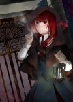  1girl arm_up bat_wings blush breath candle collared_shirt commentary_request dress_shirt dutch_angle gate head_wings highres koakuma lantern long_hair looking_at_viewer outdoors red_eyes red_neckwear redhead saneatsu shawl shirt skirt skirt_set solo touhou vest white_shirt wings 