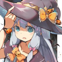  1girl bangs blue_eyes blue_hair blush bow bracelet close-up commentary eromanga_sensei eyebrows_visible_through_hair fangs hair_ribbon halloween halloween_costume hat hat_bow izumi_sagiri jewelry long_hair mitu_yang open_mouth orange_bow pumpkin purple_hat purple_vest ribbon solo tress_ribbon vest witch witch_hat 