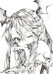  1girl chin_rest gotoh510 greyscale hair_between_eyes head_wings highres koakuma long_hair monochrome one_eye_closed pointy_ears simple_background smile solo sword touhou upper_body weapon white_background 
