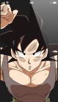  1boy black_eyes black_hair dragon_ball dragonball_z frown grey_shirt highres looking_at_viewer male_focus miiko_(drops7) open_mouth phone_screen shirt solo_focus son_gokuu 