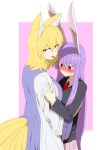  2girls :p animal_ears blonde_hair breasts commentary_request cover cover_page fox_ears fox_tail large_breasts long_hair long_sleeves looking_at_another looking_at_breasts looking_at_viewer mizuga multiple_girls multiple_tails necktie purple_hair rabbit_ears reisen_udongein_inaba tabard tail tongue tongue_out touhou very_long_hair yakumo_ran yellow_eyes yuri 