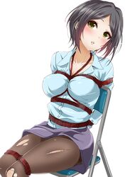  1girl :o arms_behind_back bangs black_hair blue_shirt blush bound bound_arms bound_legs breasts brown_legwear chair cleavage collarbone collared_shirt eyebrows_visible_through_hair folding_chair hayami_kanade head_tilt highres idolmaster idolmaster_cinderella_girls long_sleeves looking_at_viewer medium_breasts murabito_c pantyhose parted_bangs parted_lips purple_skirt shibari shibari_over_clothes shirt short_hair simple_background sitting skirt solo tied_up torn_clothes torn_pantyhose white_background wing_collar yellow_eyes 