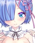  1girl blue_eyes blue_hair blush close-up closed_mouth eyebrows_visible_through_hair hair_ornament hair_over_one_eye heart heart-shaped_pupils looking_at_viewer lowres o_yat re:zero_kara_hajimeru_isekai_seikatsu rem_(re:zero) short_hair solo symbol-shaped_pupils upper_body x_hair_ornament 