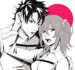  1boy 1girl con_potata fate/grand_order fate_(series) fujimaru_ritsuka_(female) fujimaru_ritsuka_(male) greyscale hair_ornament hair_scrunchie monochrome one_side_up open_mouth scrunchie upper_body 