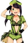 1girl ;d bangs belt beret bikini bikini_top black_gloves black_hair breasts camouflage camouflage_bikini center_opening cleavage earrings fingerless_gloves front-tie_bikini front-tie_top gloves green_eyes hat highres holster idolmaster idolmaster_cinderella_girls idolmaster_cinderella_girls_starlight_stage jewelry long_hair looking_at_viewer low_ponytail medium_breasts navel one_eye_closed open_mouth overalls ponytail salute simple_background smile solo swept_bangs swimsuit thigh_holster underbust vivid_(key) walkie-talkie white_background yamato_aki 