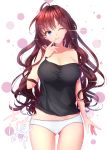  1girl blue_eyes blush breasts brown_hair cleavage collarbone eyebrows_visible_through_hair finger_to_mouth ichinose_shiki idolmaster idolmaster_cinderella_girls large_breasts long_hair looking_at_viewer o_yat one_eye_closed panties parted_lips smile solo underwear white_panties 