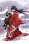  1girl bangs bird black_hair blunt_bangs closed_mouth crane_(animal) floating_hair from_side hands_in_sleeves highres japanese_clothes kangetsu_(fhalei) kimono long_hair long_sleeves looking_at_viewer red_eyes red_kimono snow snowing solo standing very_long_hair wide_sleeves 