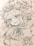  1girl ascot bangs blush brooch fang_out flandre_scarlet gotoh510 graphite_(medium) greyscale hat highres jewelry looking_at_viewer mob_cap monochrome open_mouth pointy_ears short_hair short_sleeves side_ponytail smile solo sparkle touhou traditional_media wings 