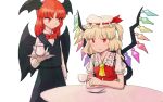  2girls bat_wings blonde_hair commentary_request crystal cup fang_out flandre_scarlet hat head_wings koakuma long_hair meimaru_inuchiyo mob_cap multiple_girls neck_ribbon plate red_eyes redhead ribbon short_hair side_ponytail slit_pupils smile table teacup teapot touhou wings 