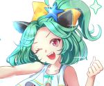  1girl blush bow close-up eyebrows green_hair hair_bow looking_at_viewer o_yat one_eye_closed original red_eyes short_hair short_ponytail smile solo teeth upper_body yellow_bow 