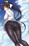  1girl absurdres ass azur_lane black_hair bow breasts brown_eyes clouds from_behind from_below hair_bow highres large_breasts long_hair long_sleeves outdoors panties panties_under_pantyhose pantyhose ponpo ponytail sky solo takao_(azur_lane) thighband_pantyhose underwear very_long_hair white_bow 