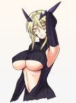  1girl arm_up armpits artoria_pendragon_(all) artoria_pendragon_(lancer_alter) blonde_hair blush bodysuit breasts embarrassed erect_nipples fate/grand_order fate_(series) headgear large_breasts lintanghaseo lips navel short_hair sidelocks simple_background solo sweat turtleneck under_boob upper_body yellow_eyes 