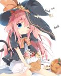  1girl animal_ears bat blue_eyes blush commentary_request food halloween halloween_costume hat jack-o&#039;-lantern kushida_you long_hair looking_at_viewer neckerchief original pink_hair pumpkin short_sleeves simple_background solo white_background witch witch_hat 