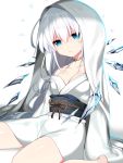  1girl bangs bare_legs blue_eyes blush breasts chromatic_aberration collarbone crystal glint hair_between_eyes hood_up japanese_clothes kimono light_smile looking_at_viewer medium_breasts mofuaki obi parted_lips sash sidelocks simple_background sitting solo sound_voltex thighs wariza white_background white_hair white_kimono 