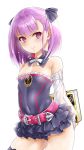  1girl arms_behind_back bare_shoulders blush book chi_gura-ya detached_sleeves fate/grand_order fate_(series) flat_chest helena_blavatsky_(fate/grand_order) highres holding holding_book looking_at_viewer panties pantyshot pantyshot_(standing) purple_hair short_hair simple_background smile solo standing strapless thigh-highs underwear violet_eyes white_background 